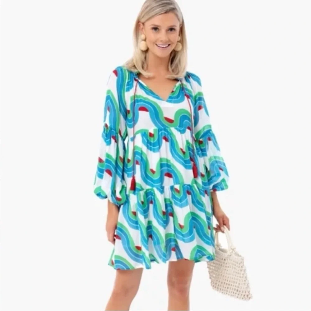 Oliphant Noveau Dress with Retro Swirl Pattern and Balloon Sleeves- Small - Picture 1 of 9